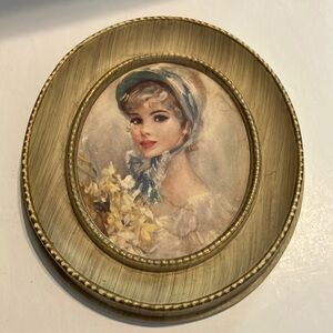 Vintage Art Illustration Lady with Blue‎ Bonnet Holding Bouquet